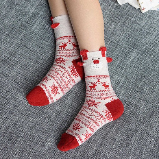 Women Cute Christmas Elk Cotton Socks Warm Soft Middle Tube Socks