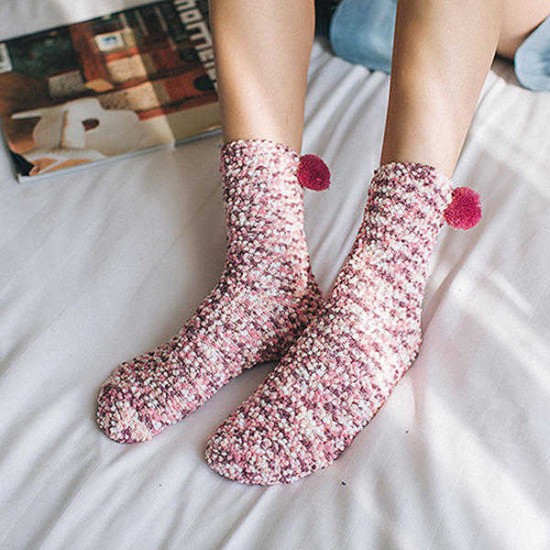 Women Cute Mixed Color Coral Velvet Socks Winter Thicken Warm Middle Tube Socks