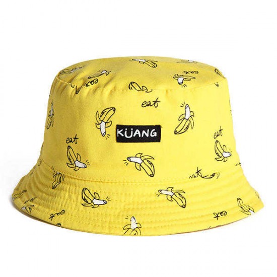 Women Cute Printing Cotton Bucket Hat Casual Double-Wear Sunscreen Fruit Bucket Cap