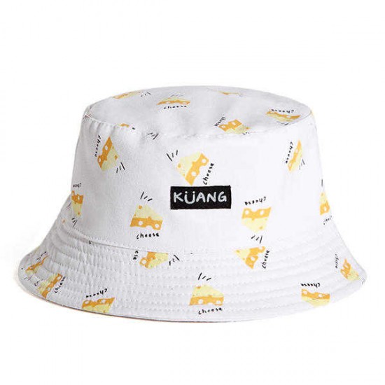 Women Cute Printing Cotton Bucket Hat Casual Double-Wear Sunscreen Fruit Bucket Cap