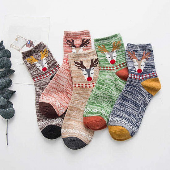 Women Deer Painting Cotton Socks Retro Christmas Warm Ankle Socks