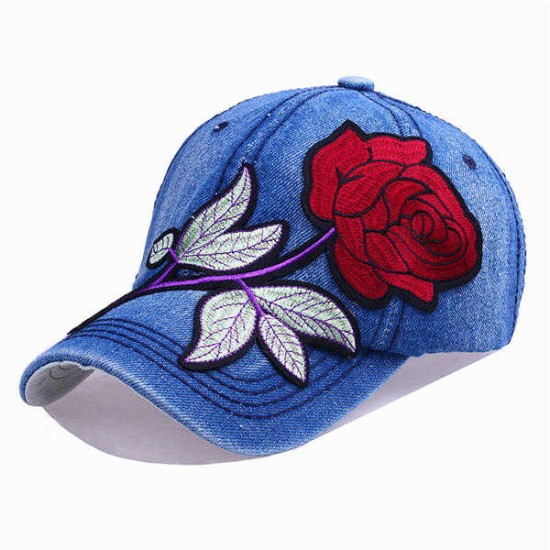 Women Denim Applique Rose Hat Sunshade Outdoor Baseball Cap