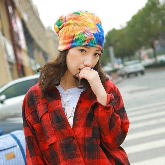 Women Double Hat Scarf Color Printing Stripe Fashion Bonnet Cap Multi-function Neck Scarves