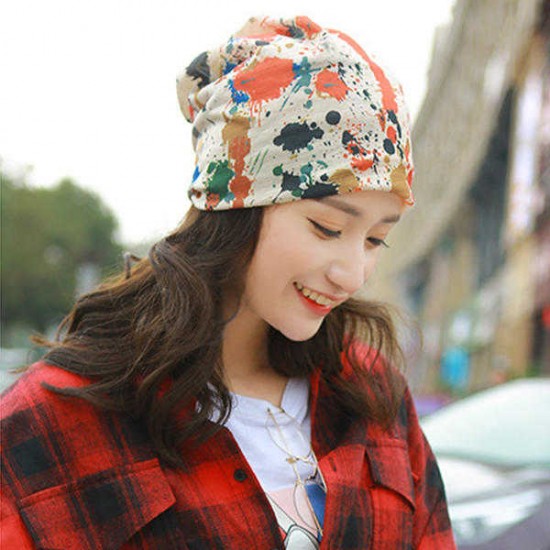 Women Double Hat Scarf Color Printing Stripe Fashion Bonnet Cap Multi-function Neck Scarves