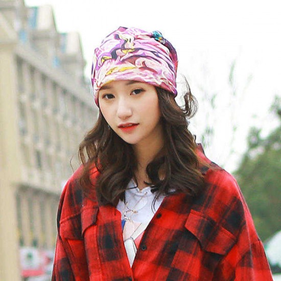 Women Double Hat Scarf Color Printing Stripe Fashion Bonnet Cap Multi-function Neck Scarves