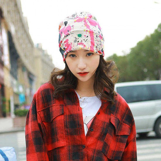 Women Double Hat Scarf Color Printing Stripe Fashion Bonnet Cap Multi-function Neck Scarves