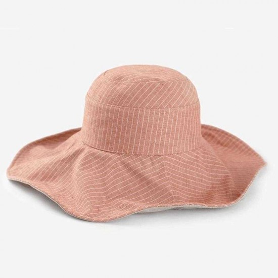 Women Double-sided Cotton Linen Floppy Hat Sunshade Sun Screen Seaside Hat Stripe Foldable Hat Bucket Hat