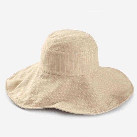 Women Double-sided Cotton Linen Floppy Hat Sunshade Sun Screen Seaside Hat Stripe Foldable Hat Bucket Hat