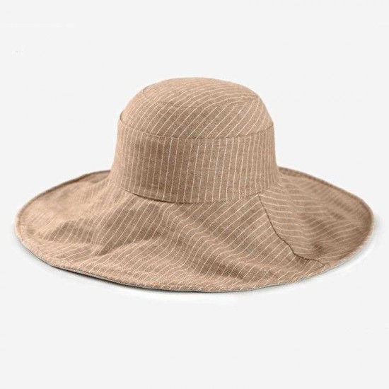 Women Double-sided Cotton Linen Floppy Hat Sunshade Sun Screen Seaside Hat Stripe Foldable Hat Bucket Hat