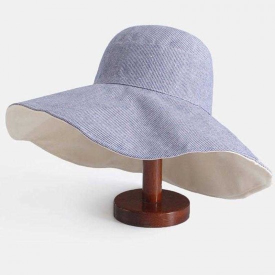 Women Double-sided Cotton Linen Floppy Hat Sunshade Sun Screen Seaside Hat Stripe Foldable Hat Bucket Hat