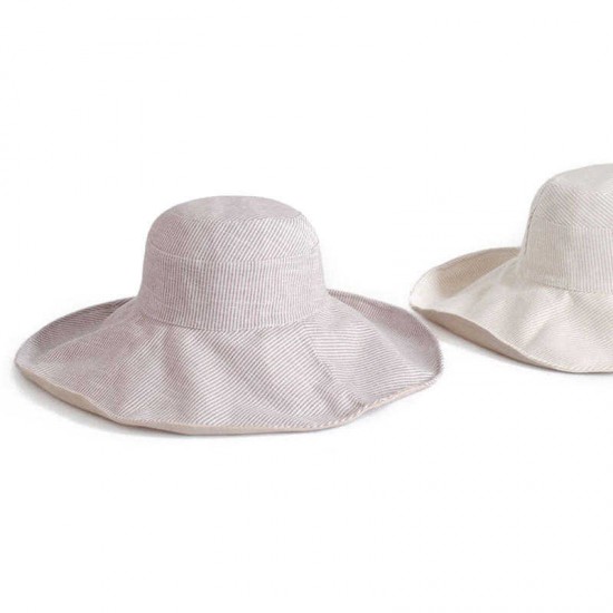 Women Double-sided Cotton Linen Floppy Hat Sunshade Sun Screen Seaside Hat Stripe Foldable Hat Bucket Hat