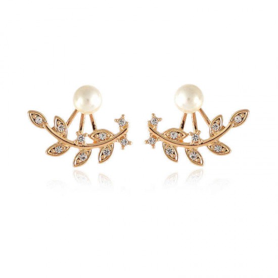 Women Elegant Rhinestone Leaf Pearl Ear Stud Silver Rose Gold Earrings Gift for Female