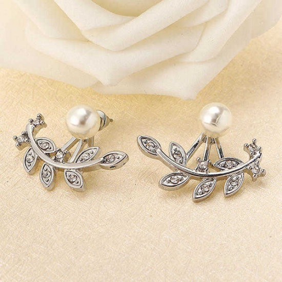 Women Elegant Rhinestone Leaf Pearl Ear Stud Silver Rose Gold Earrings Gift for Female