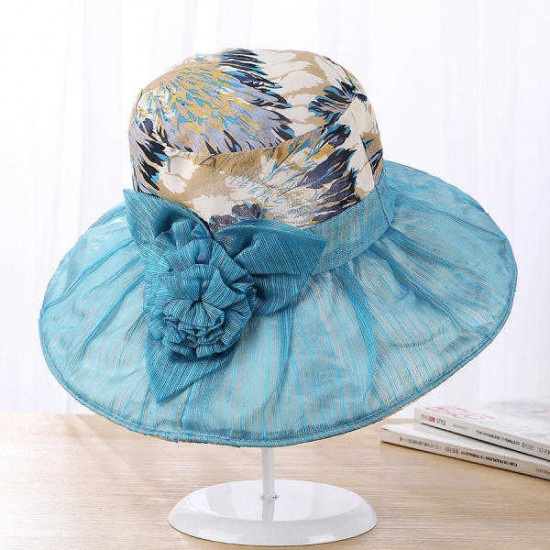 Women Elegant Wide Brim Velvet Flowers Bucket Hat Fashion Inkjet Print Floppy Sunscreen Cap