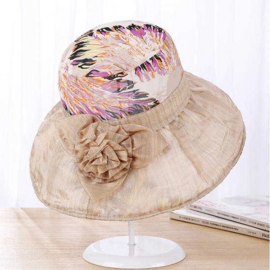 Women Elegant Wide Brim Velvet Flowers Bucket Hat Fashion Inkjet Print Floppy Sunscreen Cap