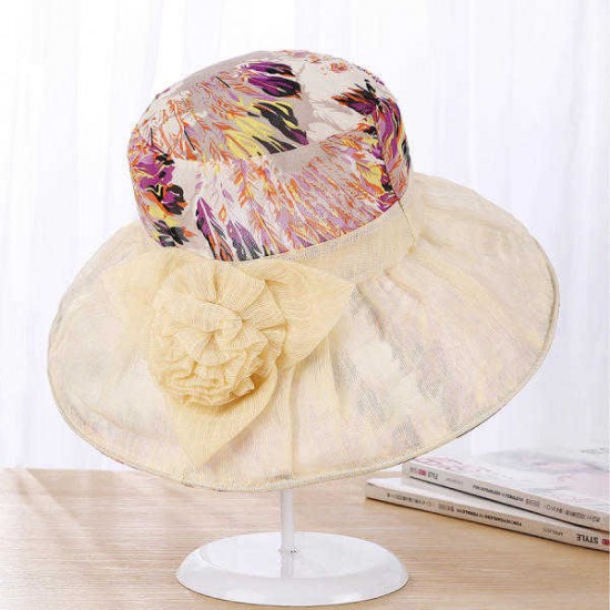 Women Elegant Wide Brim Velvet Flowers Bucket Hat Fashion Inkjet Print Floppy Sunscreen Cap