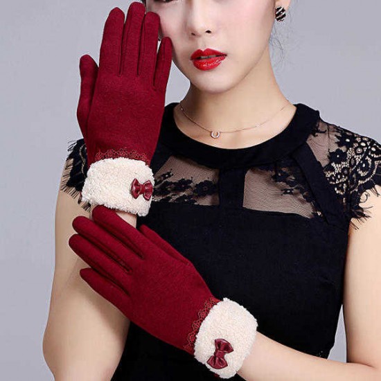 Women Elegant Winter Plush Warm Gloves Bow Lace Outdoor Windproof Christmas Mittens