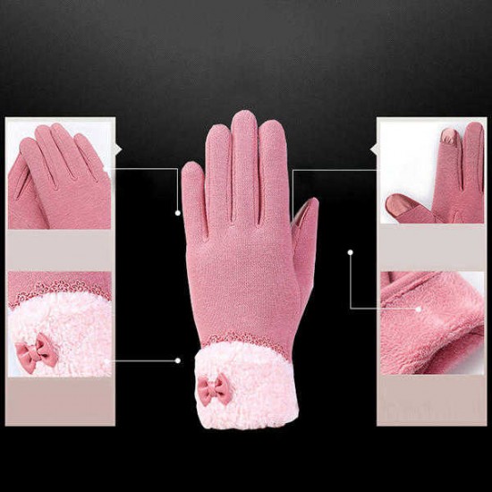 Women Elegant Winter Plush Warm Gloves Bow Lace Outdoor Windproof Christmas Mittens