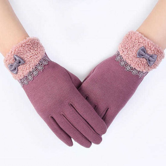 Women Elegant Winter Plush Warm Gloves Bow Lace Outdoor Windproof Christmas Mittens