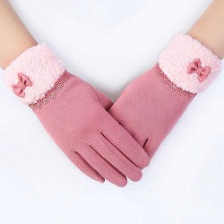 Women Elegant Winter Plush Warm Gloves Bow Lace Outdoor Windproof Christmas Mittens