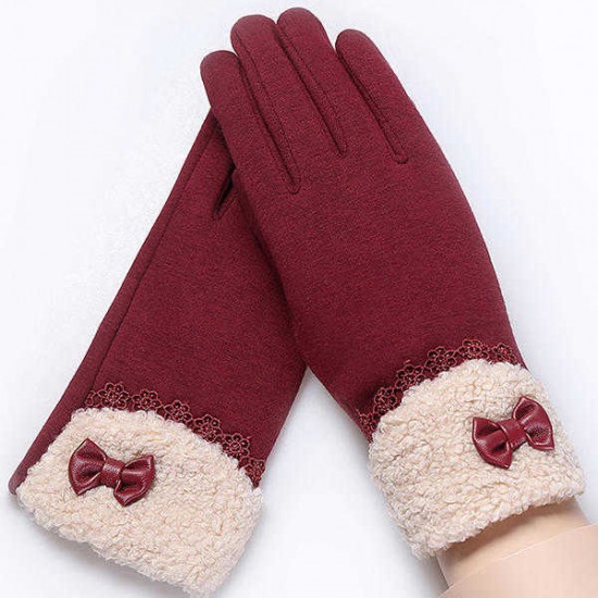 Women Elegant Winter Plush Warm Gloves Bow Lace Outdoor Windproof Christmas Mittens