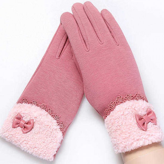 Women Elegant Winter Plush Warm Gloves Bow Lace Outdoor Windproof Christmas Mittens