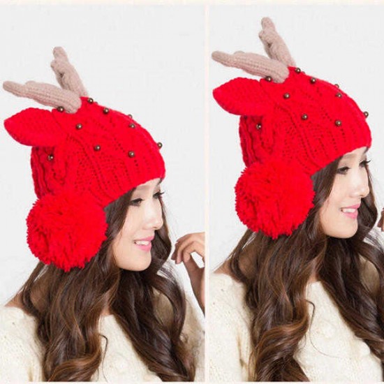 Women Elk Horn Lovely Knitted Winter Ball Beanies Hat