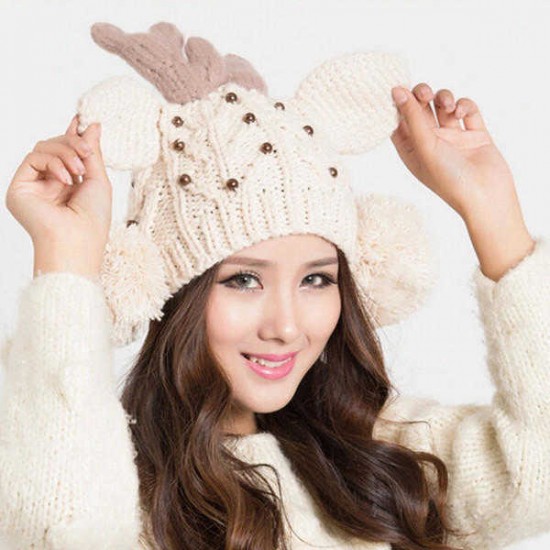 Women Elk Horn Lovely Knitted Winter Ball Beanies Hat