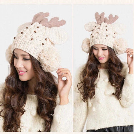 Women Elk Horn Lovely Knitted Winter Ball Beanies Hat