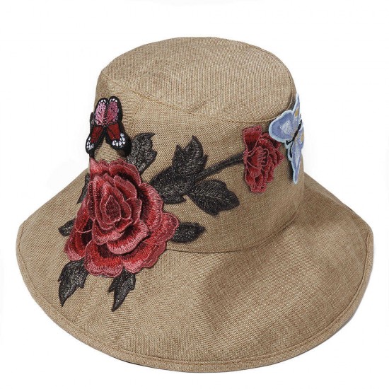 Women Embroidered Flower Large Brimmed Foldable Bucket Hat Uv Protection Sun Beach Cap