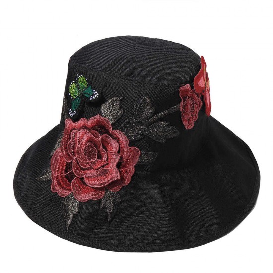 Women Embroidered Flower Large Brimmed Foldable Bucket Hat Uv Protection Sun Beach Cap