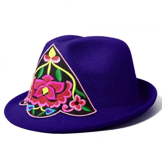 Women Embroidery Flower Small Brim Fedora Hat Ethnic Top Cap