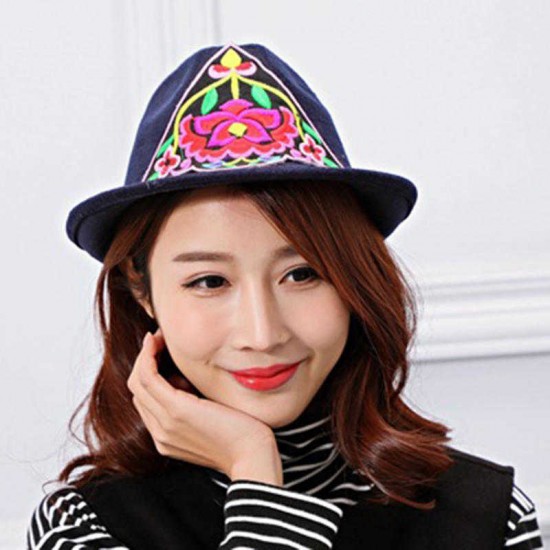 Women Embroidery Flower Small Brim Fedora Hat Ethnic Top Cap