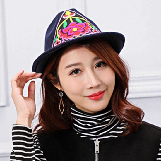 Women Embroidery Flower Small Brim Fedora Hat Ethnic Top Cap