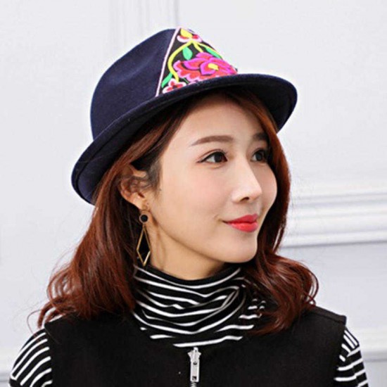 Women Embroidery Flower Small Brim Fedora Hat Ethnic Top Cap