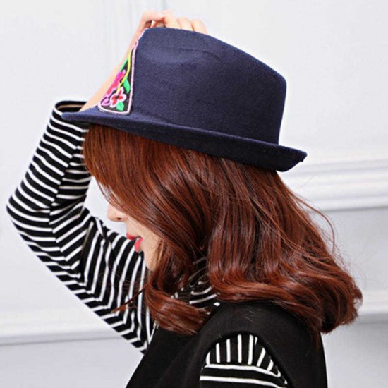 Women Embroidery Flower Small Brim Fedora Hat Ethnic Top Cap