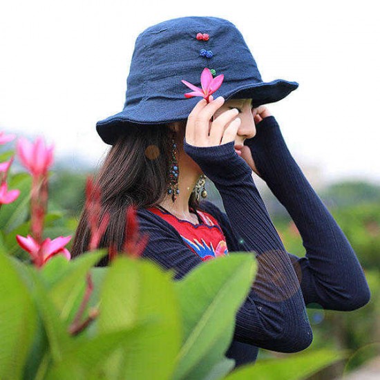 Women Ethnic Cotton Bucket Caps Solid Summer Sunscreen Visor Sun Hat