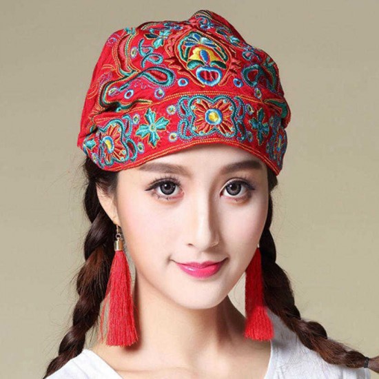 Women Ethnic Embroidery Cotton Beanie Caps Vintage Good Elastic Breathable Turban Caps