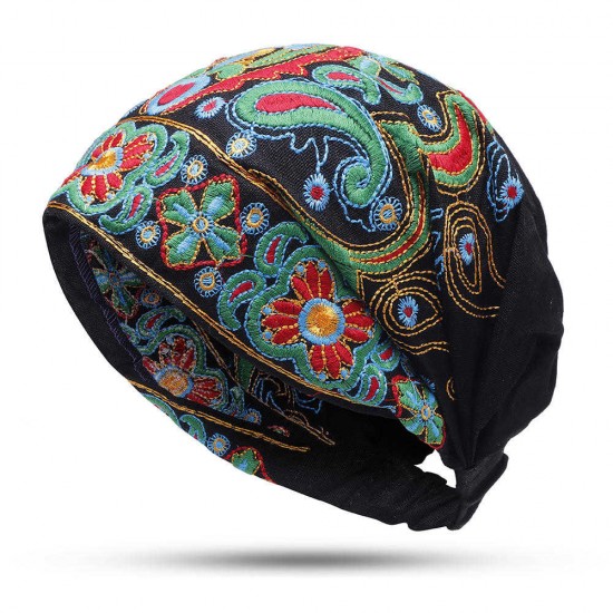 Women Ethnic Embroidery Cotton Beanie Caps Vintage Good Elastic Breathable Turban Caps