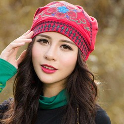 Women Ethnic Embroidery Cotton Beanie Hat Vintage Flower Pattern Elastic Adjustable Caps