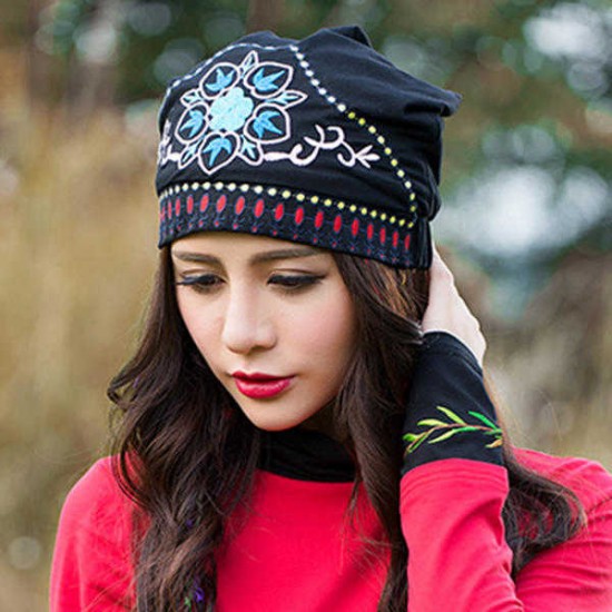 Women Ethnic Embroidery Cotton Beanie Hat Vintage Flower Pattern Elastic Adjustable Caps