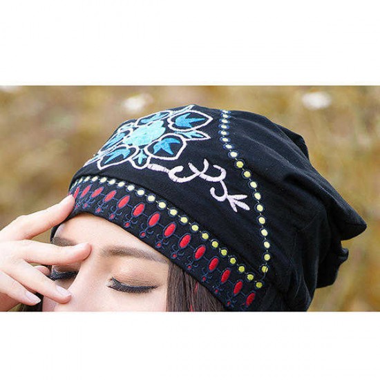 Women Ethnic Embroidery Cotton Beanie Hat Vintage Flower Pattern Elastic Adjustable Caps