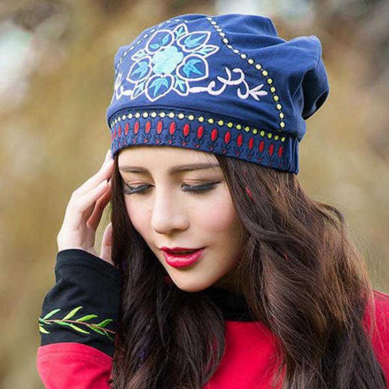 Women Ethnic Embroidery Cotton Beanie Hat Vintage Flower Pattern Elastic Adjustable Caps