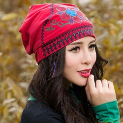 Women Ethnic Embroidery Cotton Beanie Hat Vintage Flower Pattern Elastic Adjustable Caps