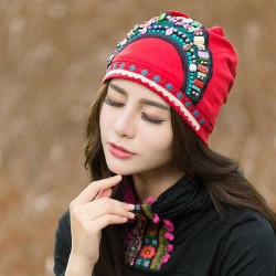 Women Ethnic Embroidery Cotton Elastic Beanie Hat Vintage Beads Decorative Caps