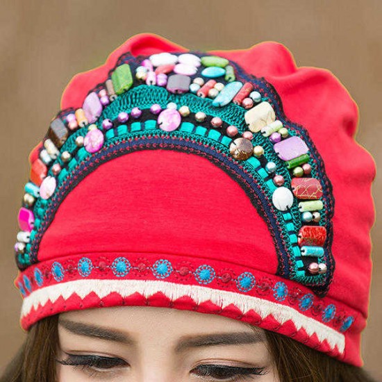 Women Ethnic Embroidery Cotton Elastic Beanie Hat Vintage Beads Decorative Caps Women Ethnic Embroidery Cotton Elastic Beanie Hat Vintage Beads Decorative Caps