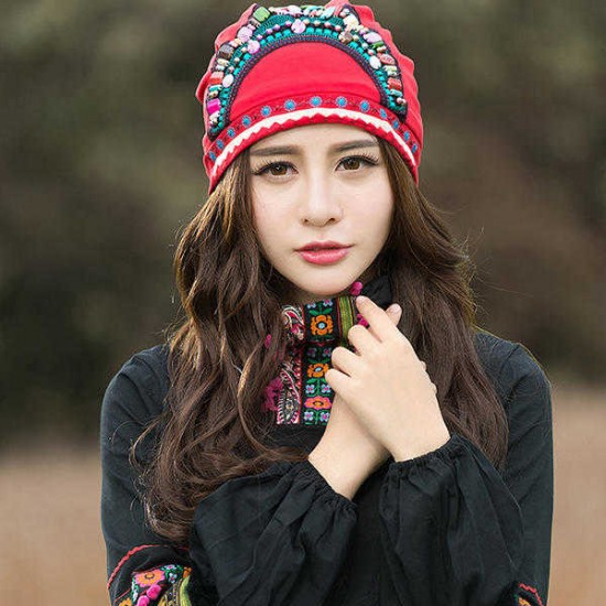 Women Ethnic Embroidery Cotton Elastic Beanie Hat Vintage Beads Decorative Caps Women Ethnic Embroidery Cotton Elastic Beanie Hat Vintage Beads Decorative Caps