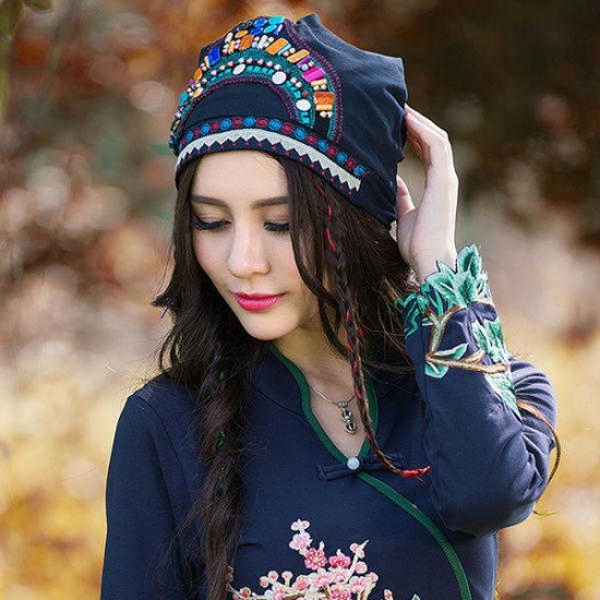 Women Ethnic Embroidery Cotton Elastic Beanie Hat Vintage Beads Decorative Caps Women Ethnic Embroidery Cotton Elastic Beanie Hat Vintage Beads Decorative Caps
