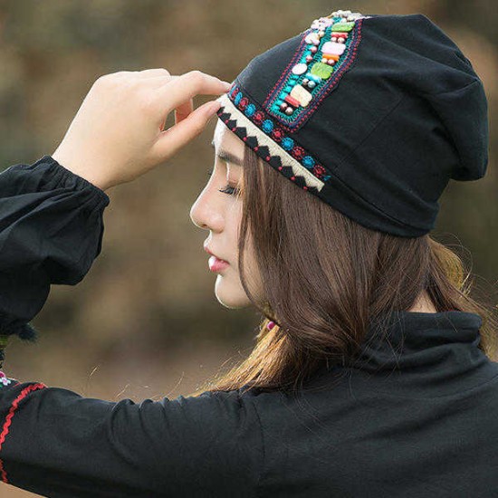 Women Ethnic Embroidery Cotton Elastic Beanie Hat Vintage Beads Decorative Caps Women Ethnic Embroidery Cotton Elastic Beanie Hat Vintage Beads Decorative Caps