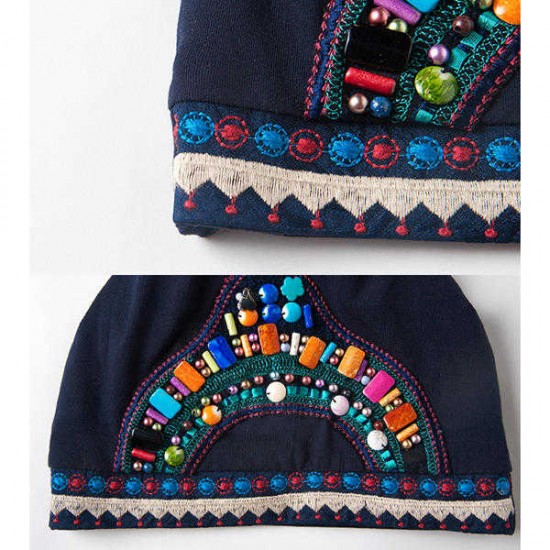 Women Ethnic Embroidery Cotton Elastic Beanie Hat Vintage Beads Decorative Caps Women Ethnic Embroidery Cotton Elastic Beanie Hat Vintage Beads Decorative Caps